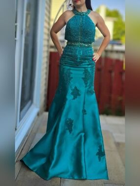 Teal Halter Lace & Satin Evening Gown - Women Dresses - Size Small